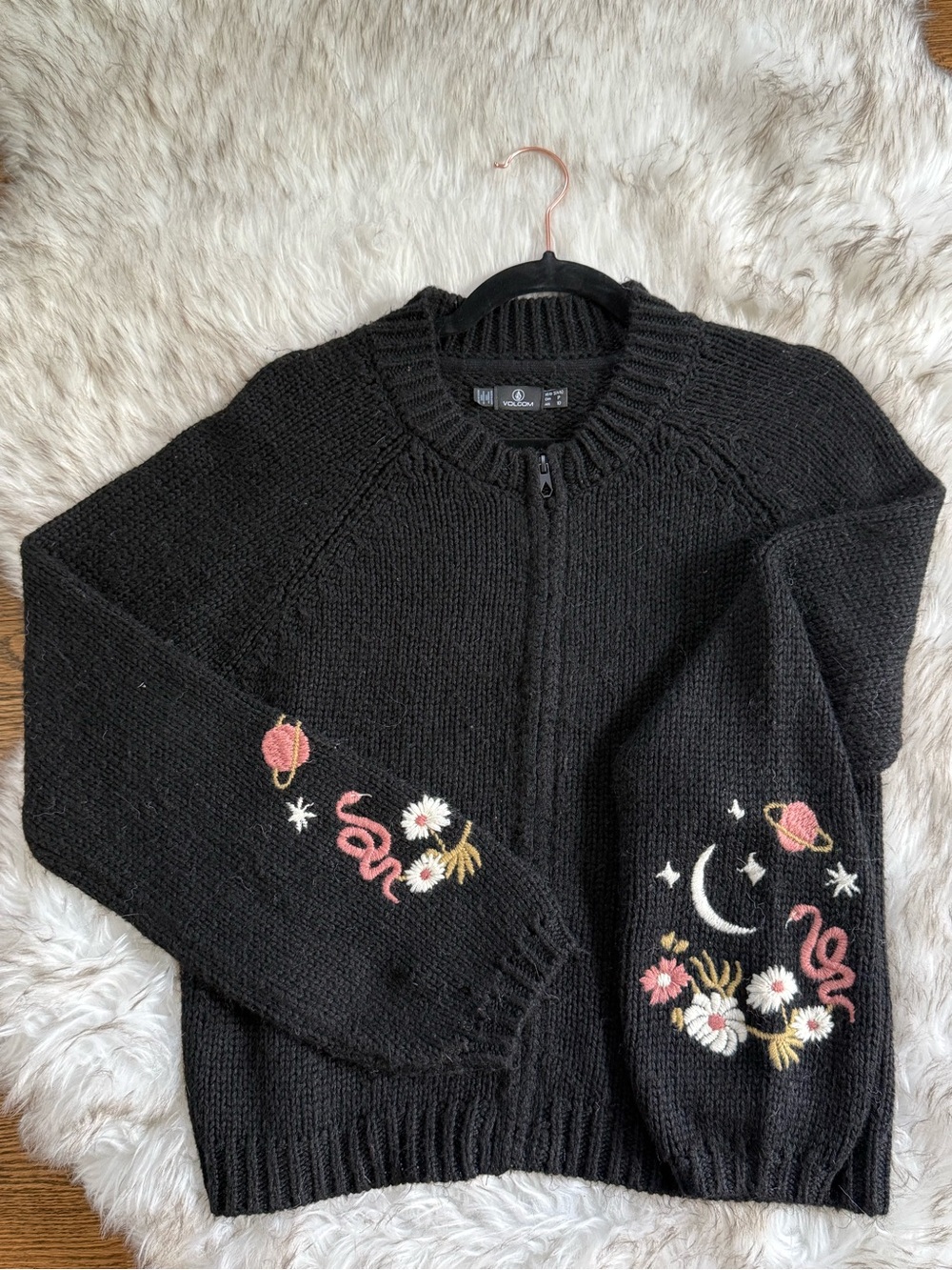 Volcom Black Embroidered Zip-Front Women’s Sweater